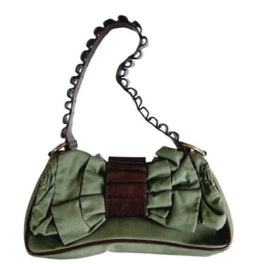 Vintage John Galliano Bag Green Fabric & Brown Leather w/ Bow Design 