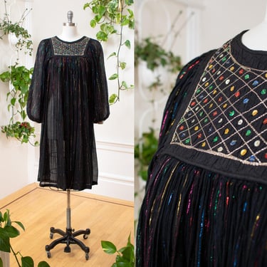 Vintage 1970s Dress | 70s Cotton Gauze Metallic Rainbow Black Sheer Long Sleeve Trapeze Tent Boho Sequined Summer Dress | small/medium 
