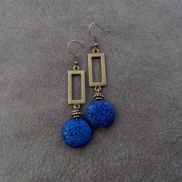 Blue lava rock earrings, mid century modern earrings, Brutalist bold statement earrings, artisan boho earrings, bohemian gypsy earrings 2 