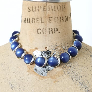 vintage 1950s thermoset necklace • round blue moonglow choker in a silver setting 