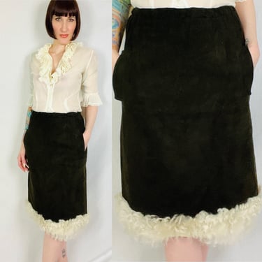 Vintage 60s 70s Chocolate Brown Suede Pencil Skirt w/ Curly Mongolian Lambs Fur Trim - size Small to Medium 