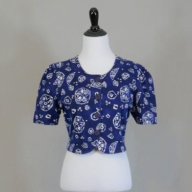 80s Cropped Top - Navy Blue, White Flowers - Button Front - Sleeves Gathered a bit - Knit Cotton - Lajaté - Vintage 1980s - M 