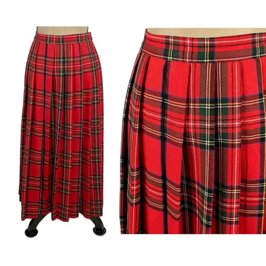 Red Plaid Pleated Maxi Skirt Large, High Waisted Long A Line Tartan Skirt 32