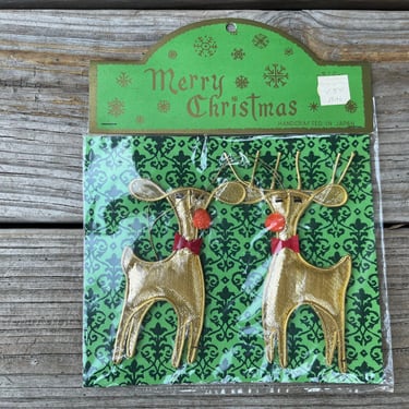1960s gold dear ornaments vintage Christmas reindeer in package 