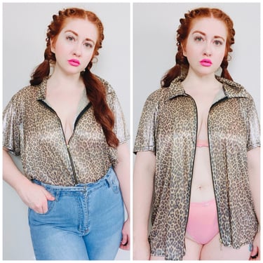 1990s Vintage Gold Leopard Print Short Sleeve Blouse / Y2K Club Kid Zipper Front Shirt / Size Large - Extra Large 