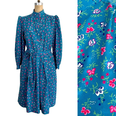 1970s cerulean blue floral dress with high collar and elastic waist - size medium 