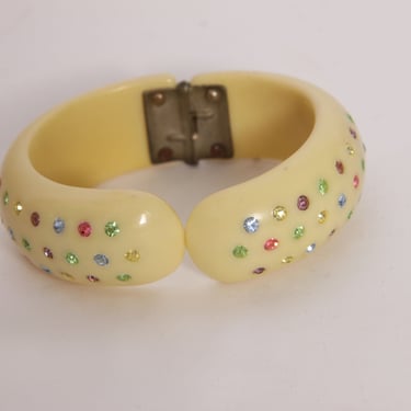 1950s Cream Multi-Colored Rainbow Rhinestone Weiss Style Clamper Bracelet 