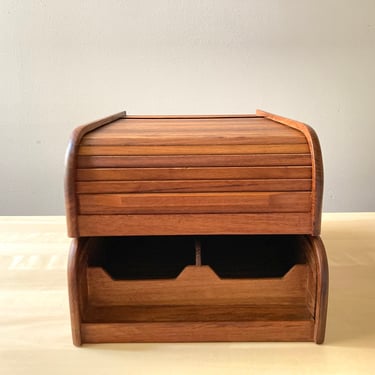 vintage teak wood cassette case tambour roll top - CHOICE one card file recipe holder MCM desk organizer 