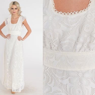 70s White Lace Dress Maxi Dress Flutter Sleeve Empire Waist Floral Boho Bridal Elopement Vintage 1970s Wedding Roberta California Small S 