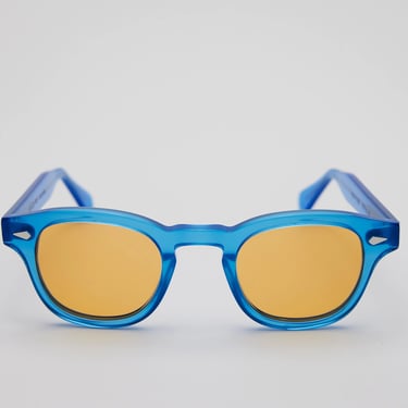 Small - New York Eye_rish Causeway Glasses Blue frames with orange lenses. 