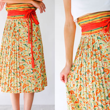 Vintage 70s KENZO Orange & Green Earthtone Bohemian Botanical Print Wrap Skirt | Made in France | 100% Cotton | 1970s French Designer Skirt 