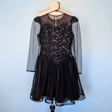 Vintage 80s Black Sequin and Lace Prom Dress, 1980s Long Sleeve Black Cocktail Mini Dress 