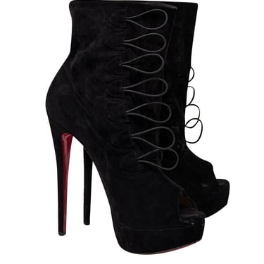 Christian Louboutin - Black Suede Platform Peep Toe Boots Sz 10