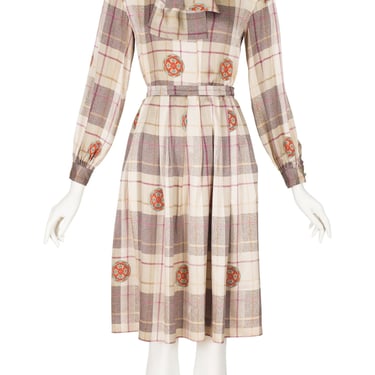 Albert Nipon 1980s Vintage Beige Plaid Silk Blouse & Pleated Skirt Set Sz S 