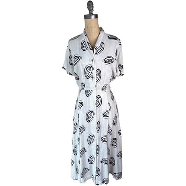 1940s black and white print linen dress 