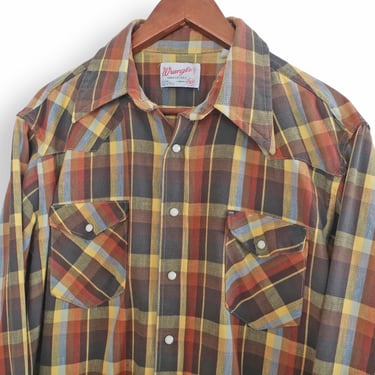 Wrangler western shirt / 60s plaid button up / 1960s Wrangler Sanforized plaid cotton pearl snap western shirt XL 
