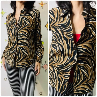 90s Liz Claiborne Silk Animal Print Tiger Stripe Long Sleeve Glam Blouse - Small 