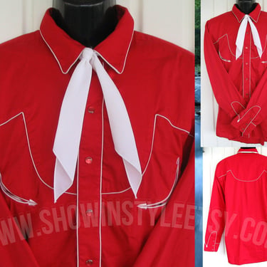 Crazy Cowboy Vintage Western Retro Men's Cowboy & Rodeo Shirt, Rockabilly, Bright Red with White Trim, Tag  Size XL (see meas. photo) 