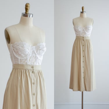 beige midi skirt 80s 90s plus size vintage tan raw silk skirt with pockets 