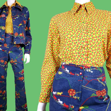 3 piece novelty pantsuit from the 60s 70s. Jacket blouse pants. Farmers farm animals microfloral print dagger collars big pockets. (Size M) 