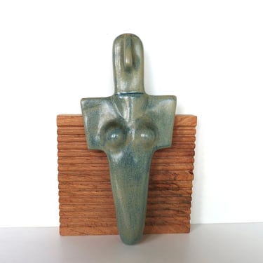 Vintage Cycladic Pottery Figural Female Wall Hanging, Modernist Cyclades Fertility Idol Sculpture 