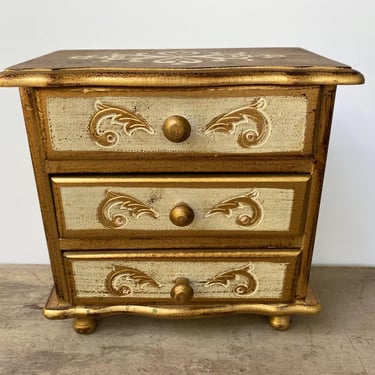 Vintage Gold Florentine Jewelry Box, Made In Japan, 3 Drawer Wood Jewelry Chest, Boudoir, Storage 