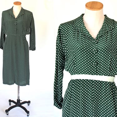 1940s Polka Dot Rayon Crepe Blouson Dress with Pockets - Vintage Shawl Collar Shirt Waist Day Dress - Medium 