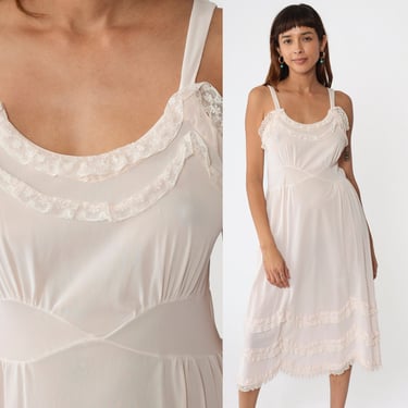 60s Slip Dress White Lingerie Dress Retro Lace Trim Midi Full Slip Retro Nightgown High Waist Spaghetti Strap Nylon Vintage 1960s Small S 