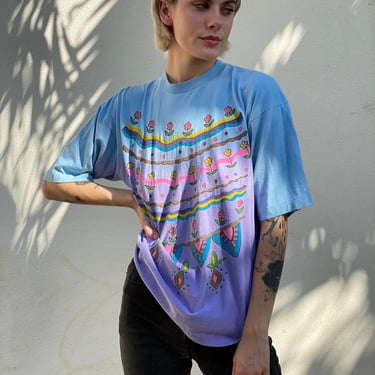 Vintage 90's Tshirt / Tie Dye Glitter Trippy Floral Printed 90's Tee / Teal and Prink Stripes Tshirt / Summer Gender Neutral Tshirt 