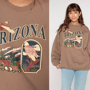 Arizona Sweatshirt y2k Glittery Cactus Eagle Desert Shirt Southwest Graphic College Sweater Pullover Crewneck Vintage Brown 00s 2xl xxl 
