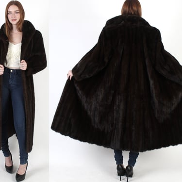 Full Length Mink Coat Mahogany / Oversized Mink Fur Coat With Pockets / Vintage 70s Long Real Fur Luxurious Overcoat Large 