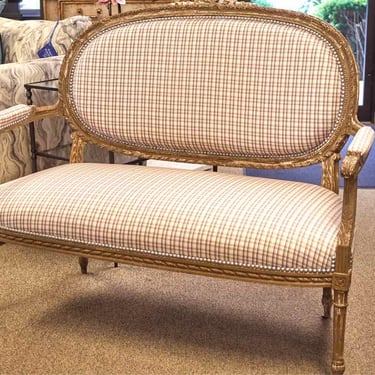 French Provincial Style Settee with Plaid Upholstery &amp; Nickel Nailhead