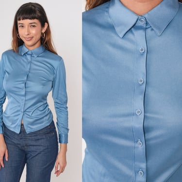 70s Blouse Blue Button Up Long Sleeve Top Retro Plain Disco Shirt Collared Seventies Basic Vintage 1970s Nylon Small 4 