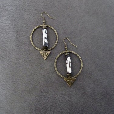 Batik print bone and bronze hoop earrings 
