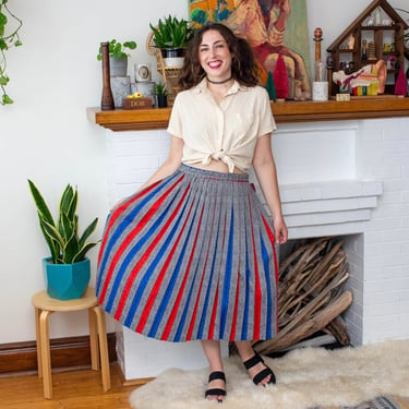 Vintage 1990s Silky Pleated Midi Skirt Skirt - Hidden Stripe Red, Blue, Black Polka Dot Skirt - L/XL 