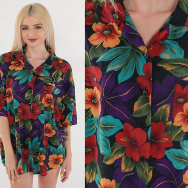 Hawaiian Shirt 90s Tropical Floral Blouse Button Up Top Hibiscus Flower Print Summer Short Sleeve Purple Red Blue 1990s Vintage 3xl xxxl 20w 