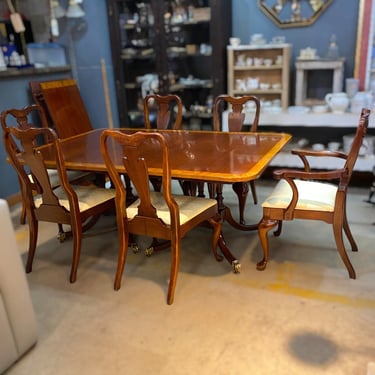 Dining Set with Inlaid Table, 3 Leaves and 6 Queen Anne Style Chairs by Baker Furniture