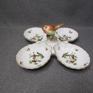 RARE Herend Porcelain Rothschild Bird Divided Tray-4-Part Relish with Bird Handle-Hand Painted- Gold Gilt- 