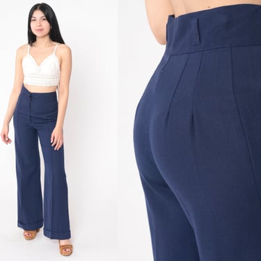 Navy Bell Bottom Trousers 70s Creased Sailor Pants High Waisted Rise Boho Hippie Cuffed Slacks Retro Seventies Vintage 1970s Small 28 