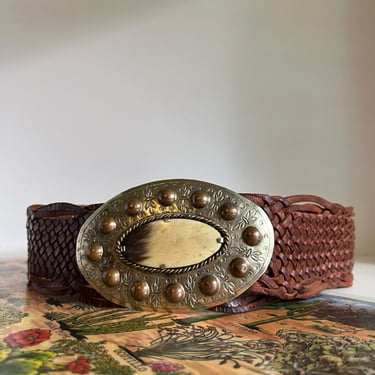 Handmade Vintage Brown Woven Genuine Leather Silver Studded Stone Buckle Belt- L 