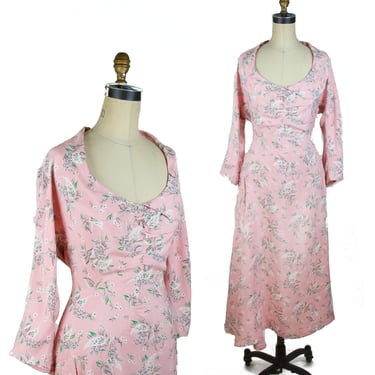 Vintage 1940s Dress ~ Pink Floral Cold Rayon Ruched Bodice Portrait Collar Asymmetrical Draping Dress 