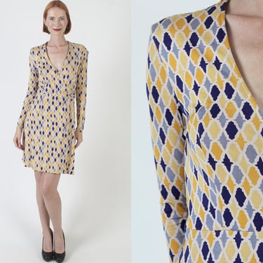 Diane Von Furstenberg Geometric Jersey Dress, Vintage 80s DVF Silk Wrap, Stretchy Designer All Over Print Frock 