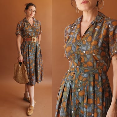 Vintage 50s Painterly Print Shirtwaist Dress/ Size Small 26 