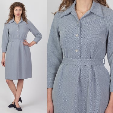 70s Blue & White Checked Mod Shirt Dress - Medium | Vintage Button Up Retro Belted Knee Length Dress 