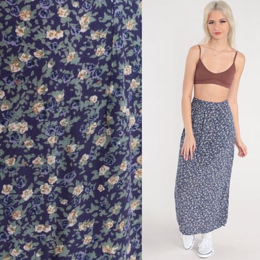 Purple Floral Skirt Y2K Maxi Skirt Flower Print Boho 00s Long Vintage Hippie Festival Drape Skirt Rayon Small 