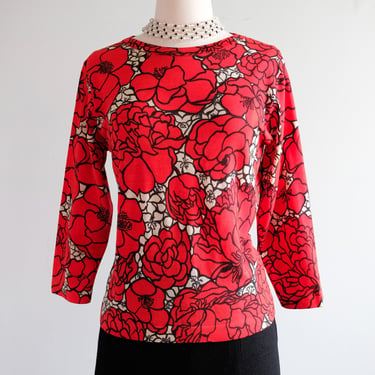 Vintage 1960’s Red Floral Wool Knit Top by Mirsa for Mallory / Medium