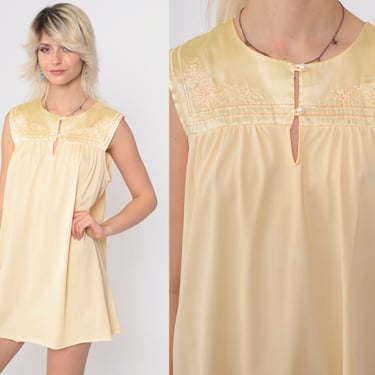 80s Yellow Nightgown Floral Embroidered Lingerie Slip Dress Babydoll Mini Pastel Nightie Tent Trapeze Filmy Nylon Boho Vintage Medium 