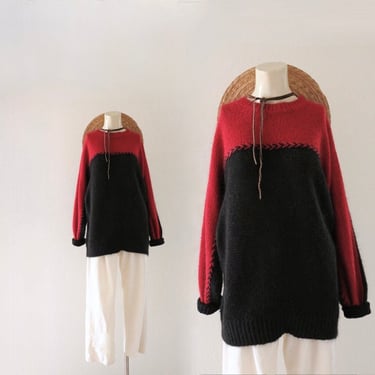2 tone long line sweater - vintage 90s y2k womens red black long sleeve acrylic pullover sweater 