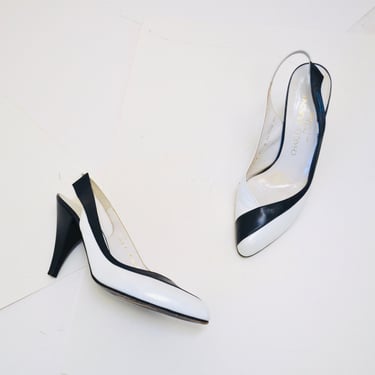80s Vintage Charles Jourdan High Heel Shoes White Navy Blue Sling Back High Heels Pumps size 9 AA Made in France 80s white PUmps 9 Narrow 