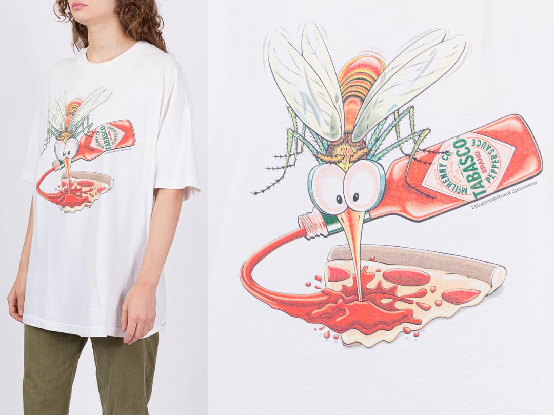 Vintage Tabasco Hot Sauce Mosquito T Shirt Men's XL, Flying Apple